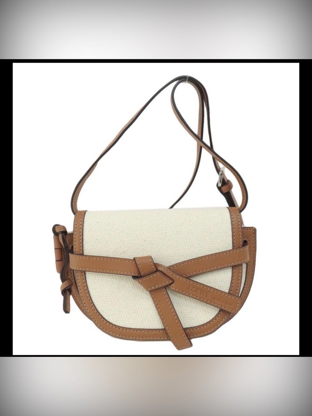 LOEWE Gate Dual Small Bag in a natural canvas with tan calfskin leather trim.